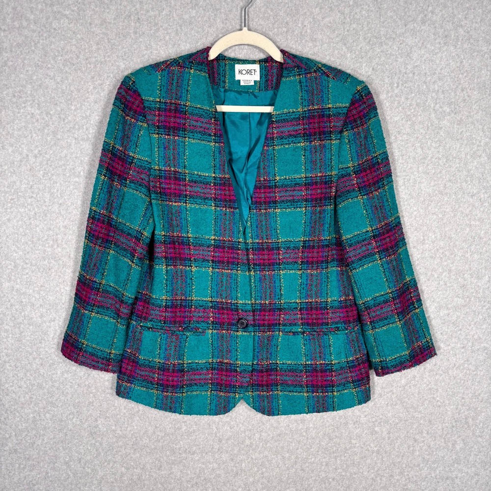 Vintage 80s Koret Tartan Plaid Wool Blazer 10 Teal Pink Tweed Boucle‎ Retro Glam